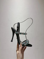 DG Sandals 10cm High Heel Green Crystal Embellished Black Silk