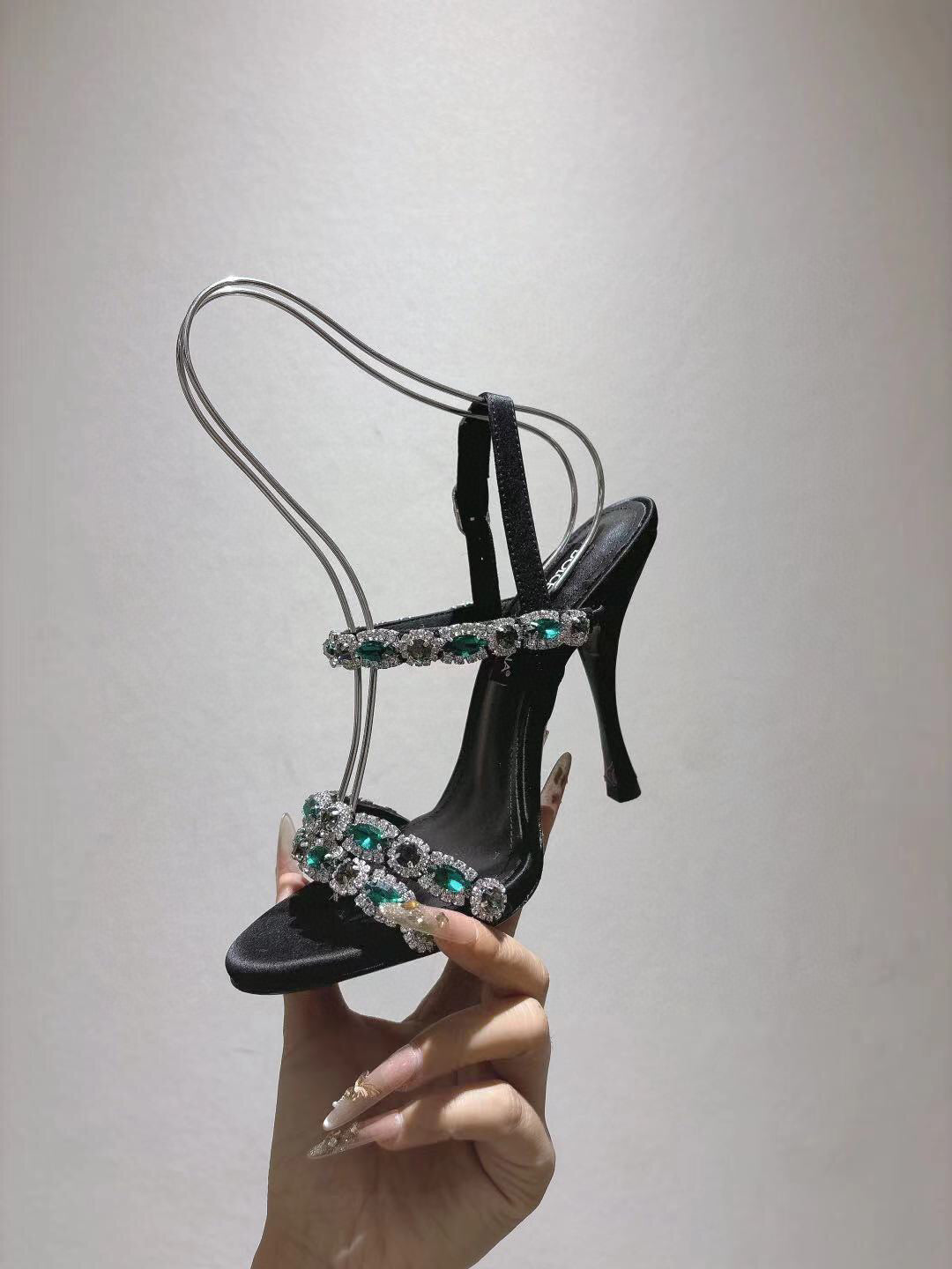 DG Sandals 10cm High Heel Green Crystal Embellished Black Silk