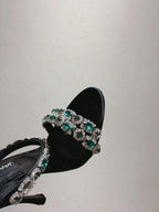 DG Sandals 10cm High Heel Green Crystal Embellished Black Silk