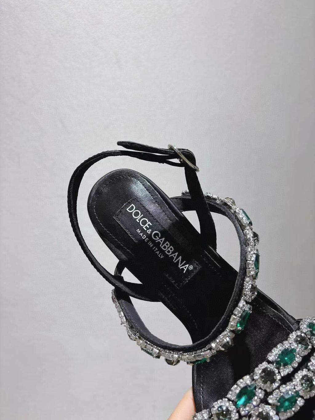 DG Sandals 10cm High Heel Green Crystal Embellished Black Silk