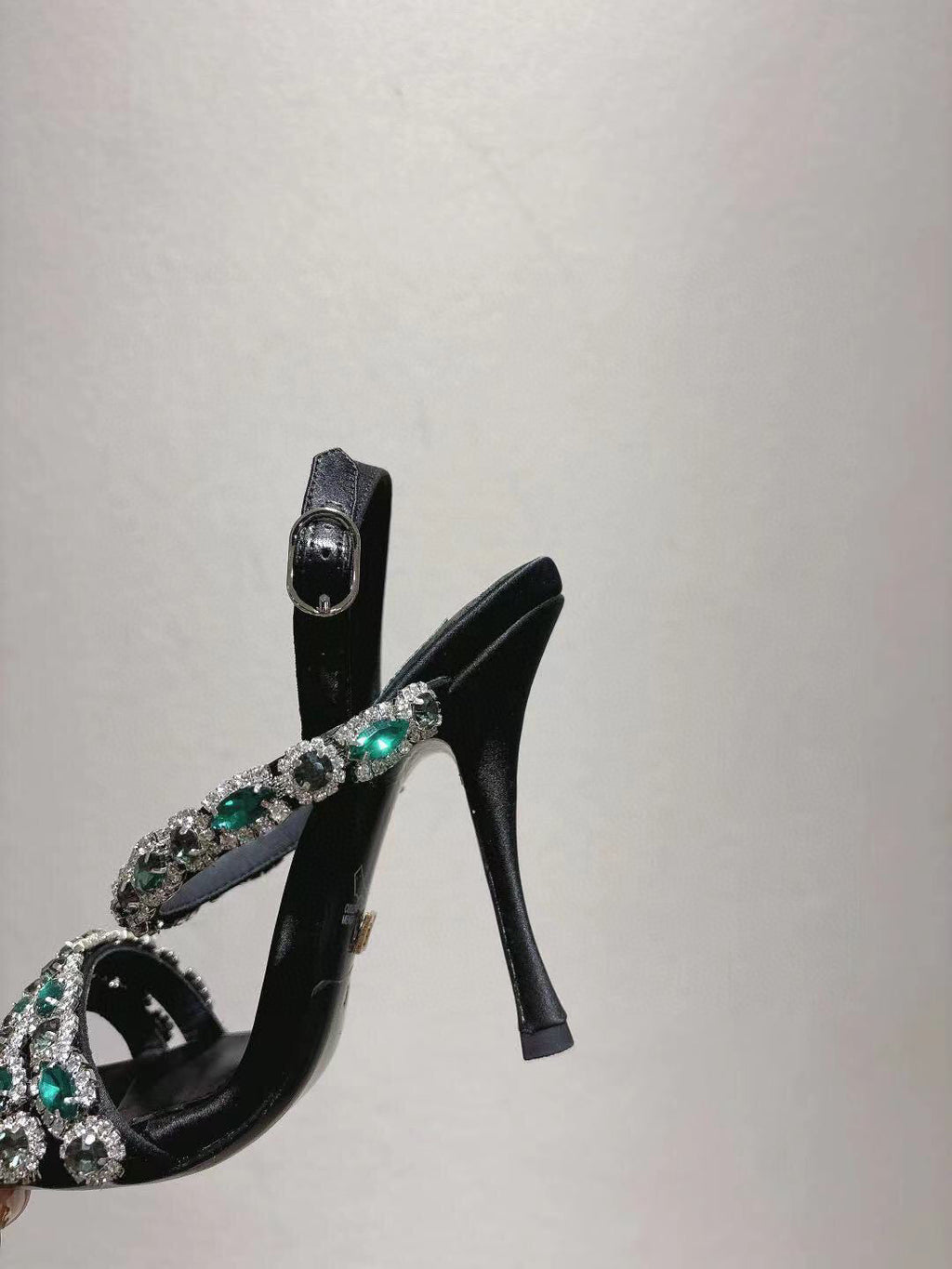 DG Sandals 10cm High Heel Green Crystal Embellished Black Silk