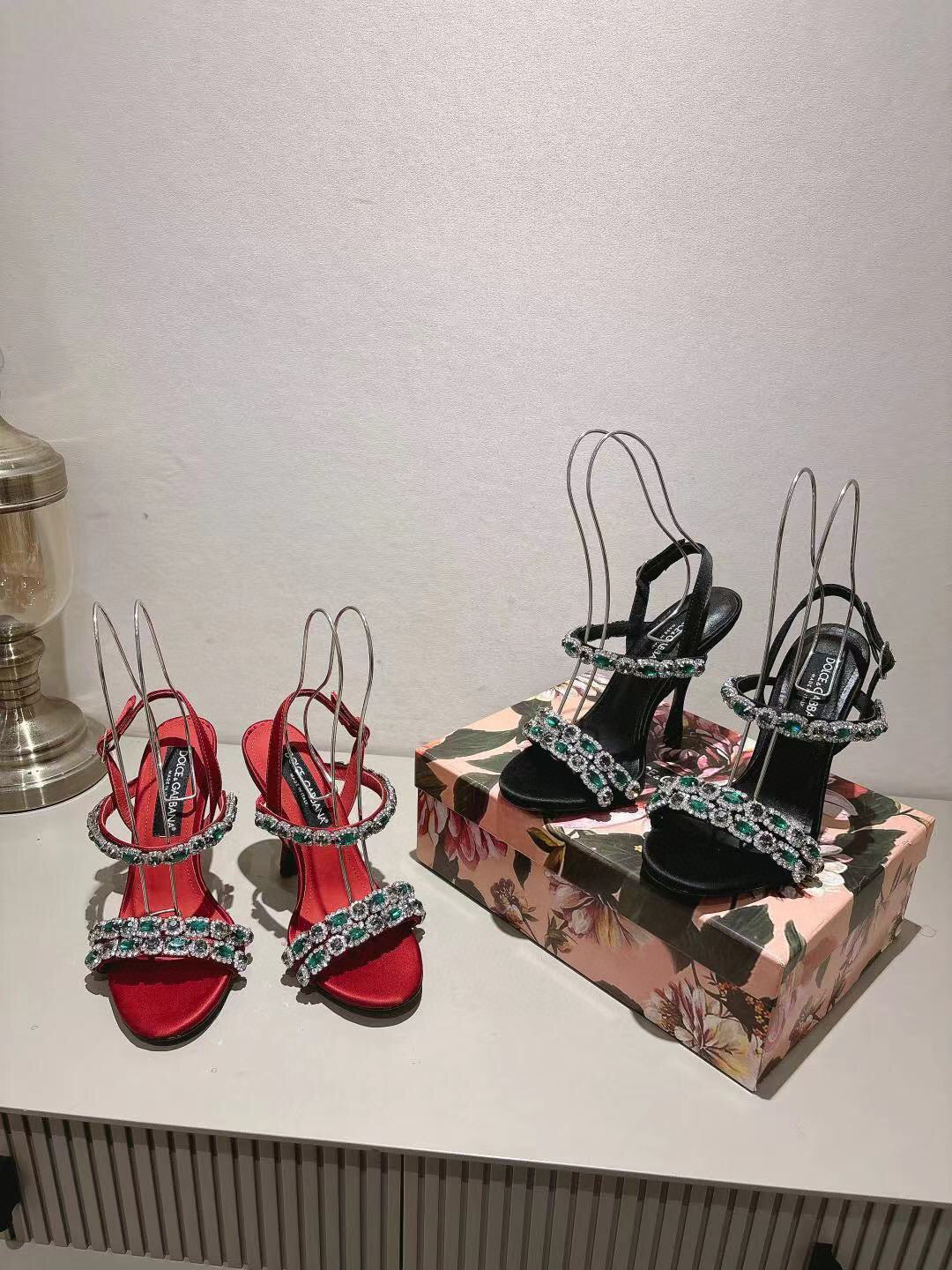 DG Sandals 10cm High Heel Green Crystal Embellished Black Silk