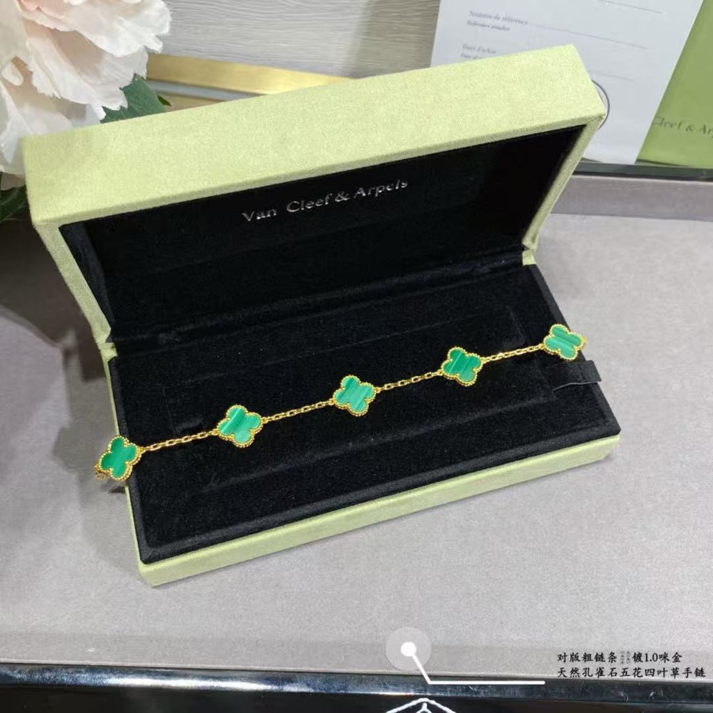CLOVER 5 MOTIF MALACHITE GOLD BRACELET