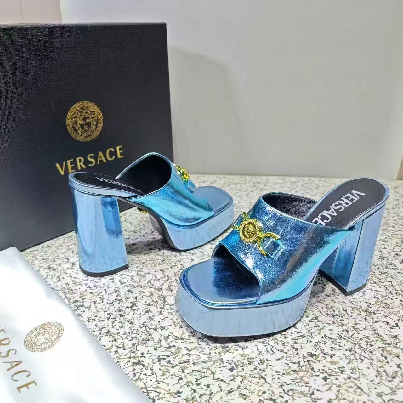 Versace Platform Sandals 110mm High Heel Metallic Blue Cowhide