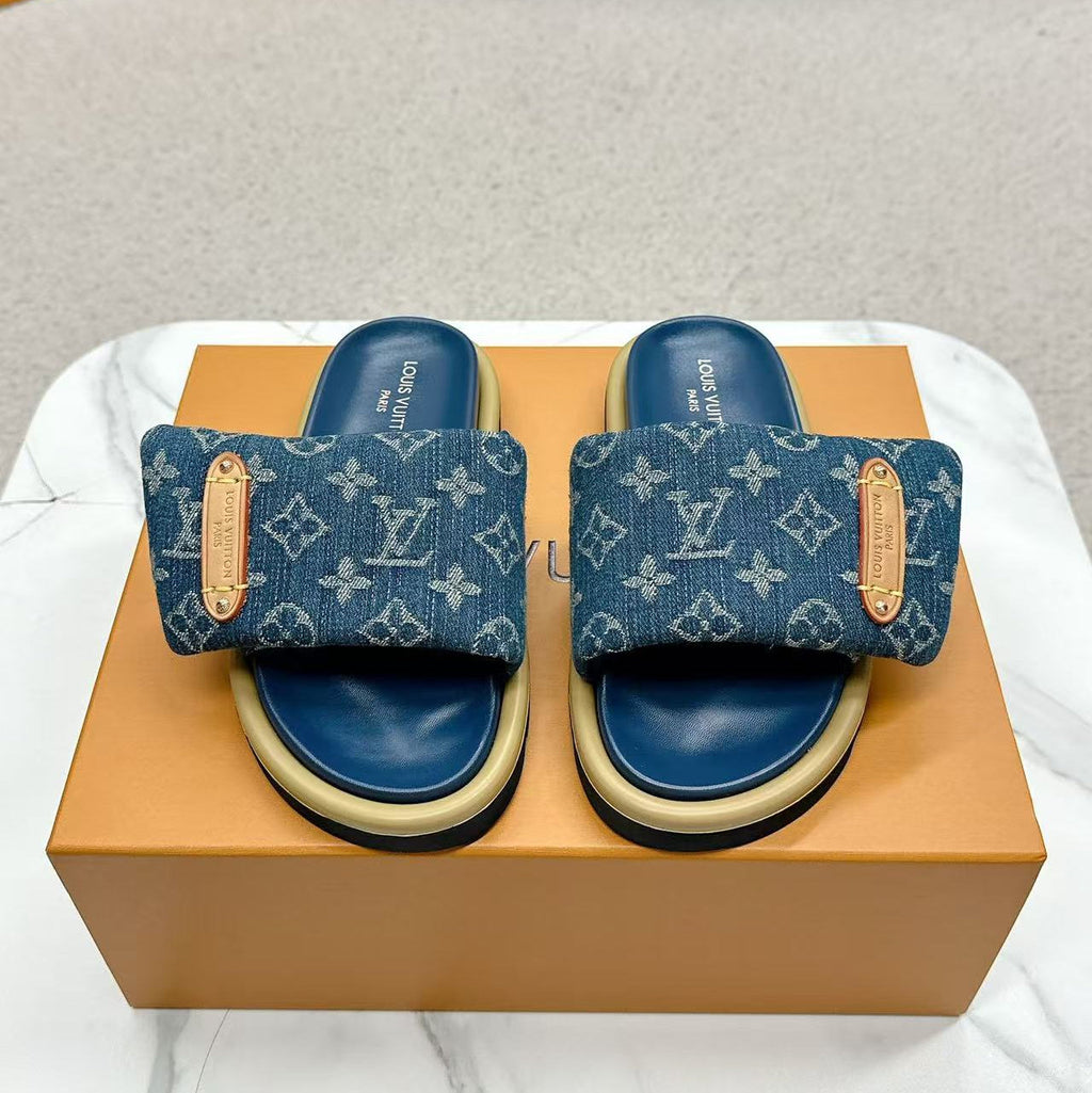 LV Pool Pillow Flat Comfort Mule Blue Denim