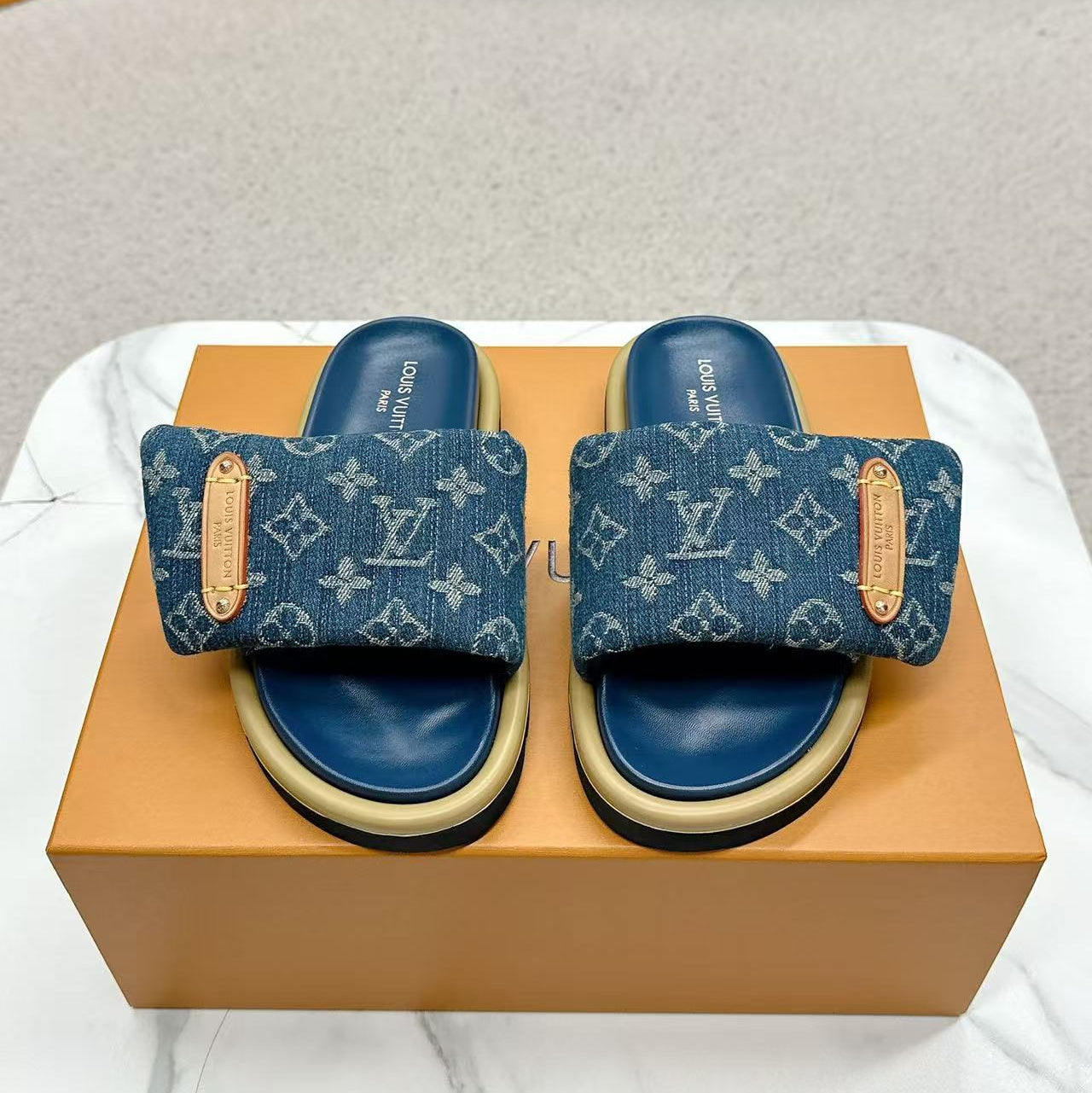 LV Pool Pillow Flat Comfort Mule Blue Denim