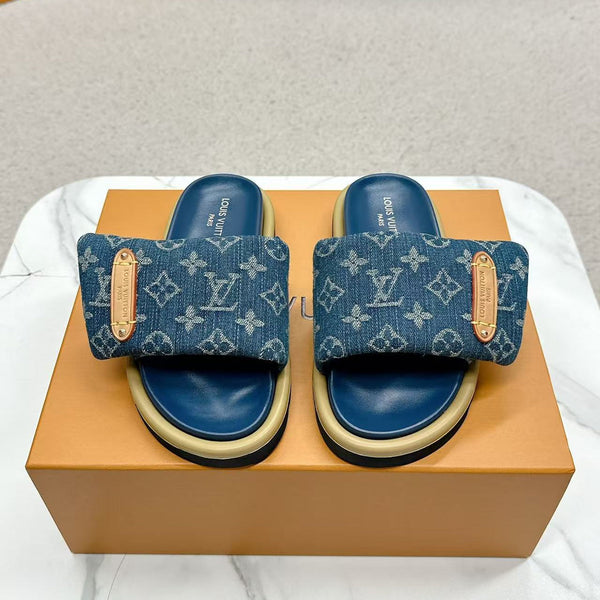 LV Pool Pillow Flat Comfort Mule Blue Denim