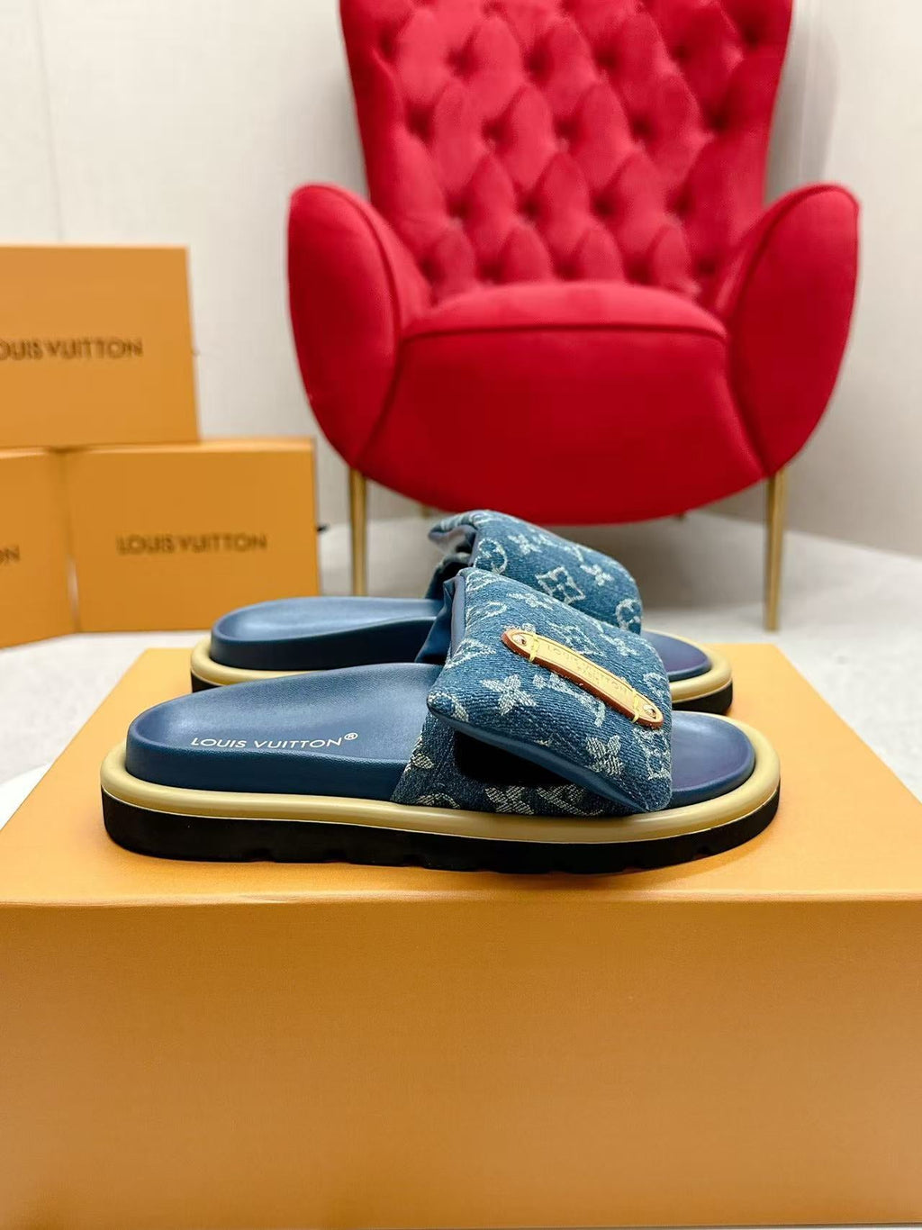 LV Pool Pillow Flat Comfort Mule Blue Denim