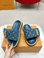 LV Pool Pillow Flat Comfort Mule Blue Denim