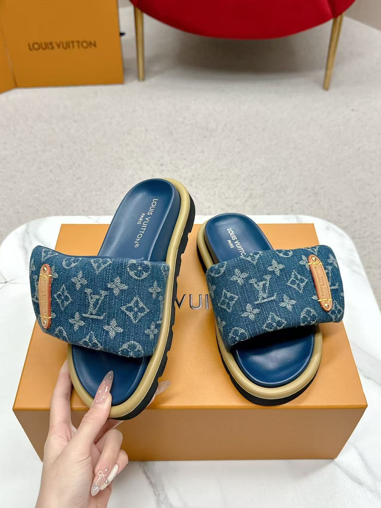 LV Pool Pillow Flat Comfort Mule Blue Denim