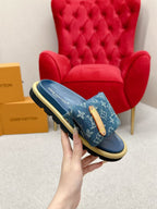 LV Pool Pillow Flat Comfort Mule Blue Denim