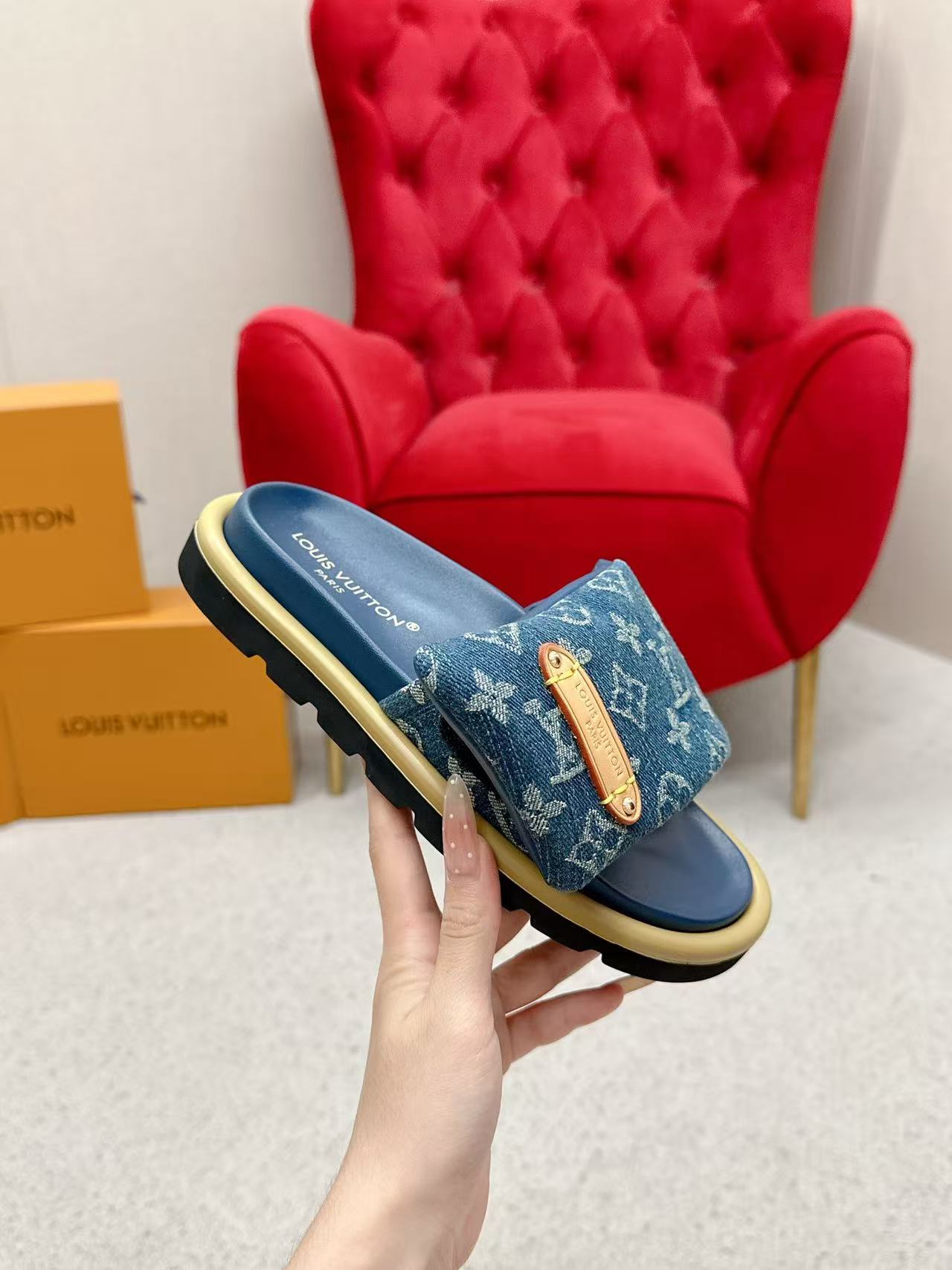 LV Pool Pillow Flat Comfort Mule Blue Denim
