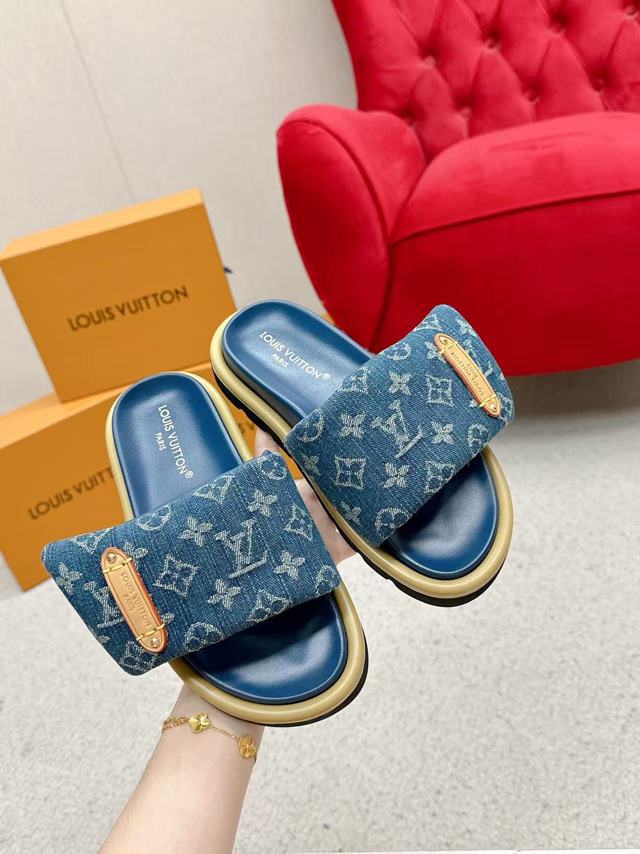 LV Pool Pillow Flat Comfort Mule Blue Denim