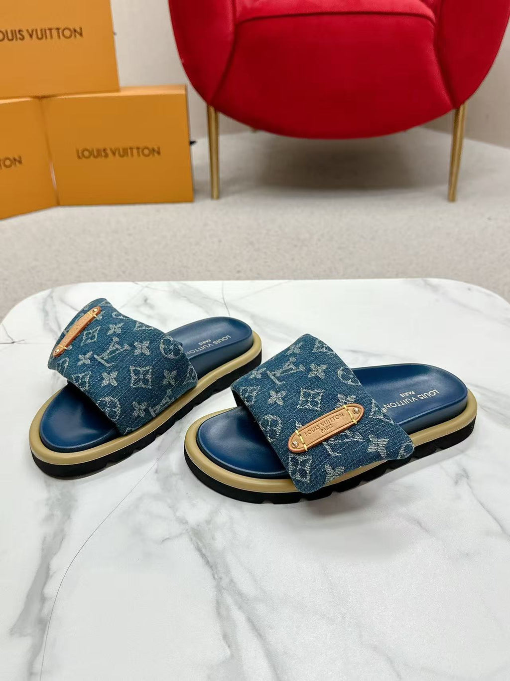 LV Pool Pillow Flat Comfort Mule Blue Denim