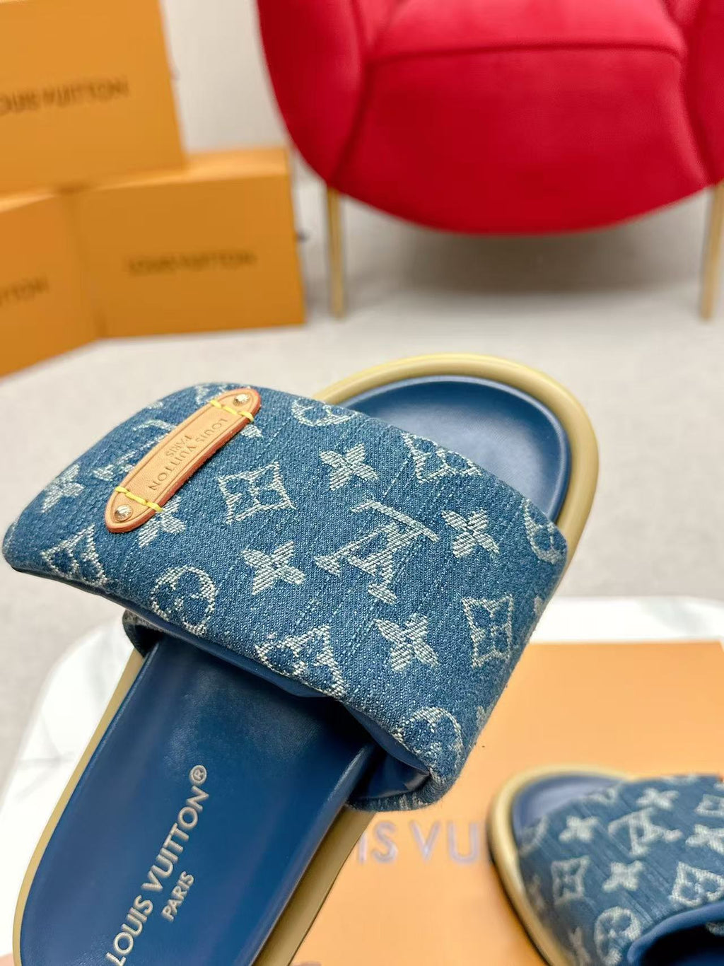LV Pool Pillow Flat Comfort Mule Blue Denim