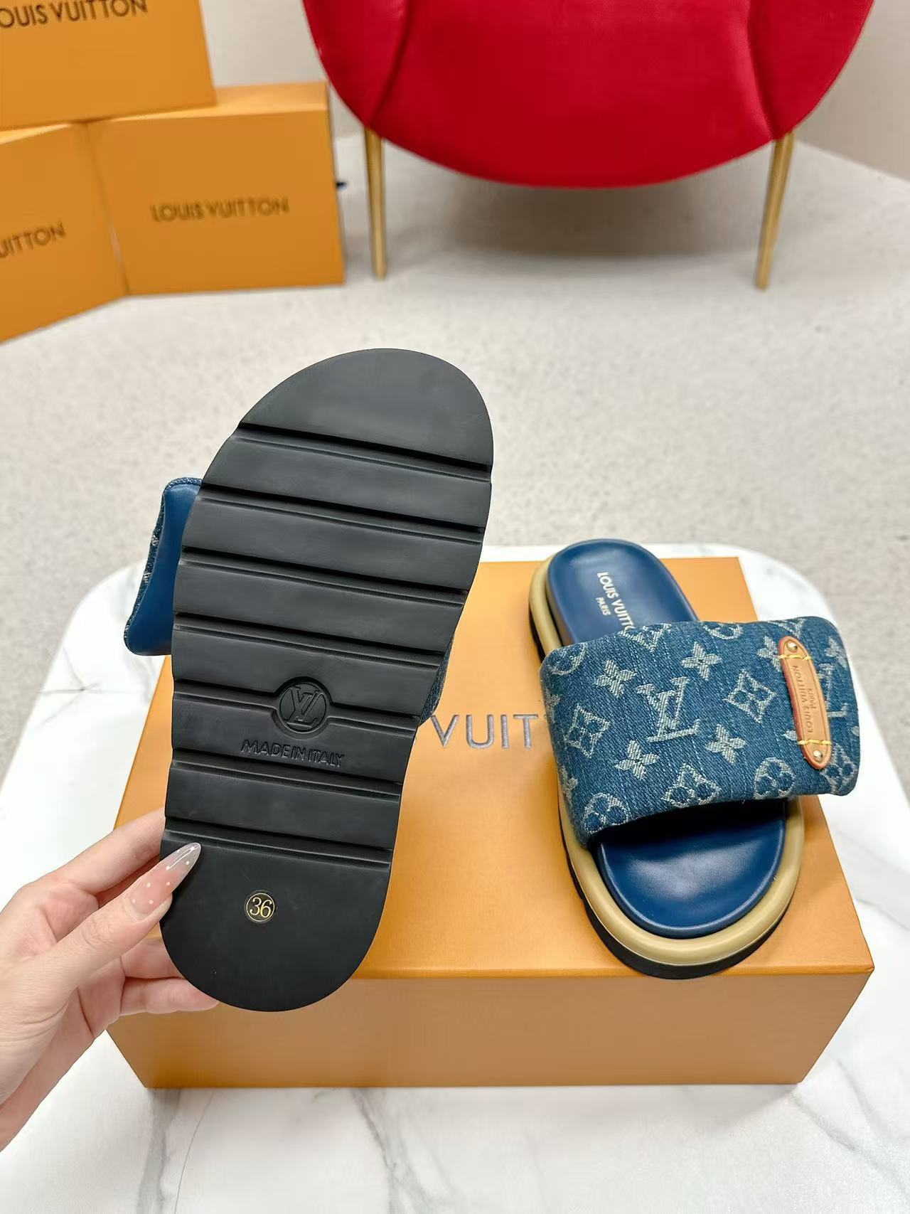 LV Pool Pillow Flat Comfort Mule Blue Denim