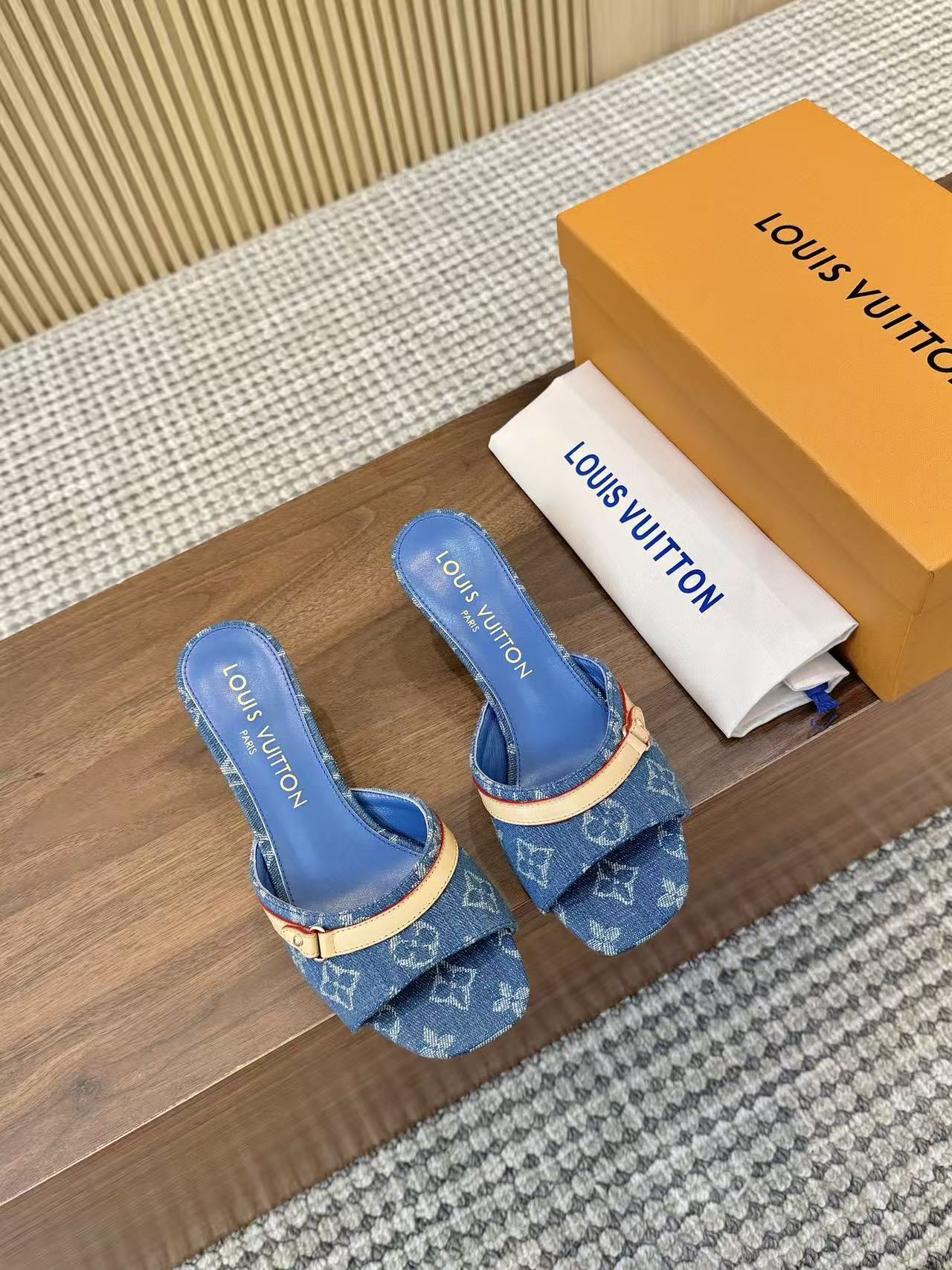 LV neo revival 55 blue denim tan leather