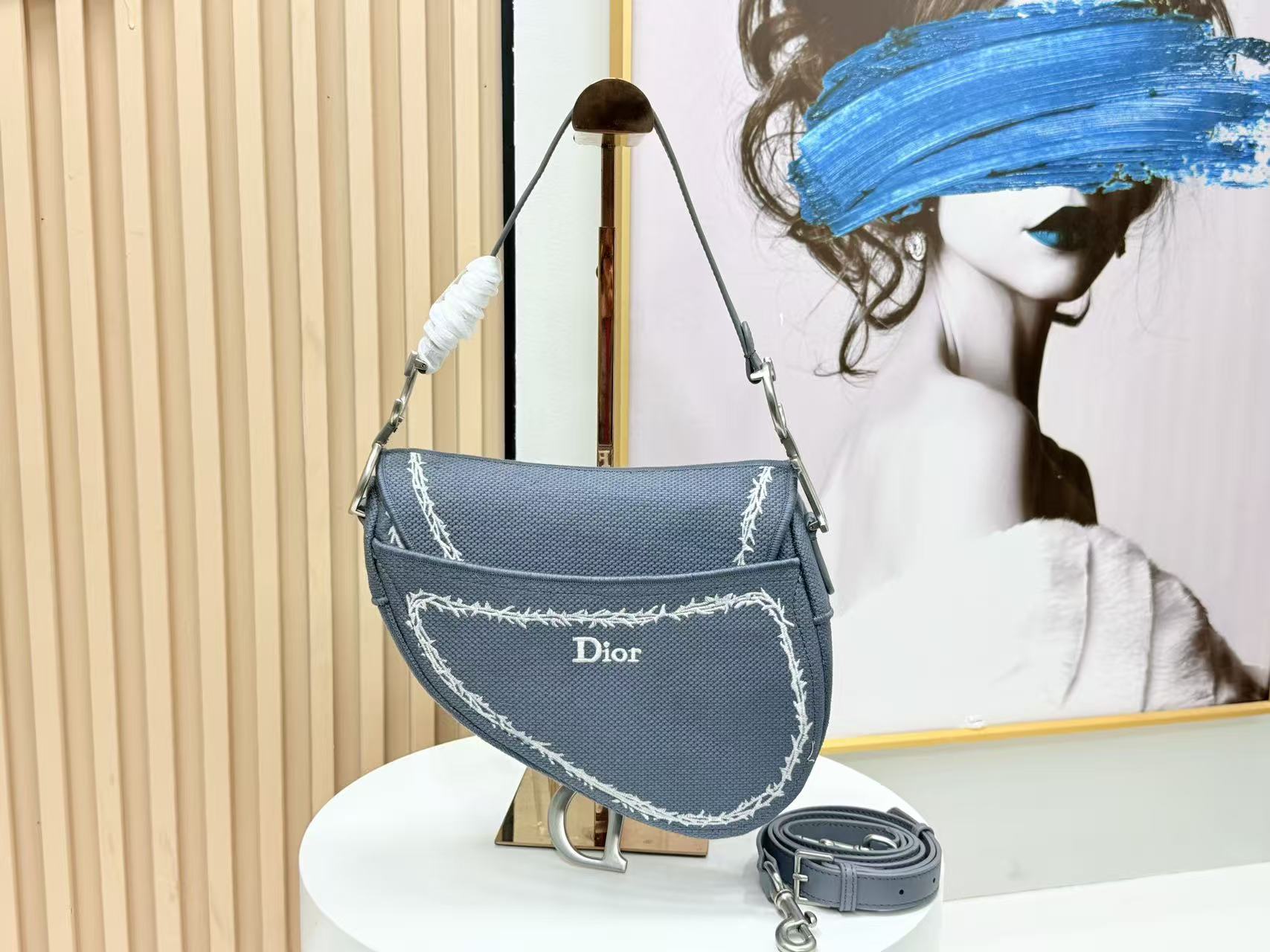 CD Saddle Bag Strap With Strap 24cm Blue Cotton