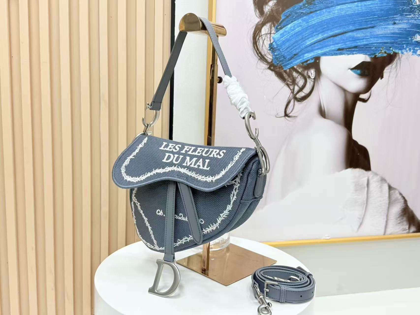CD Saddle Bag Strap With Strap 24cm Blue Cotton