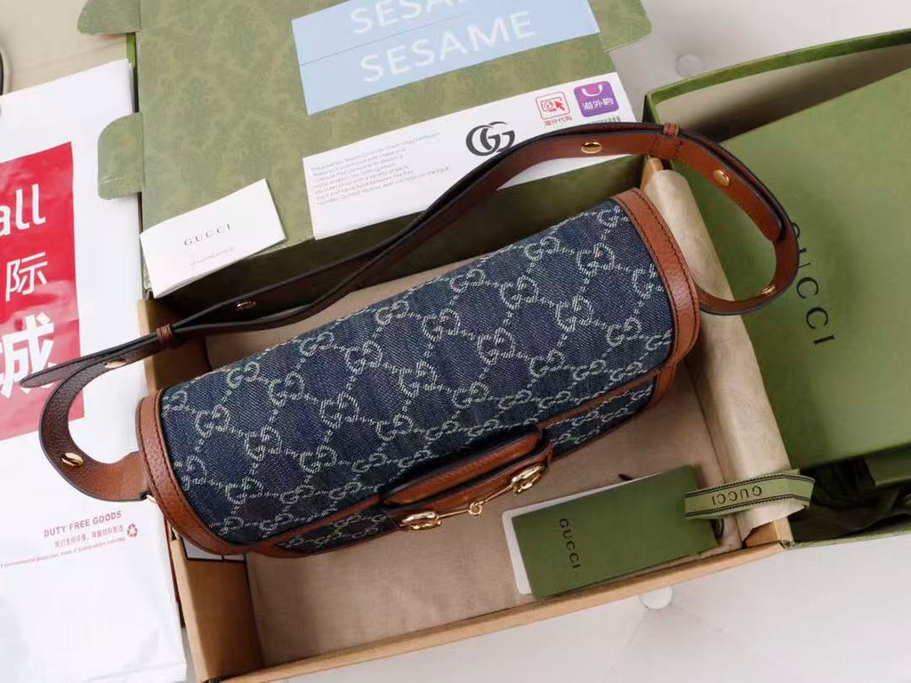 Gucci Horsebit Bag 25cm Blue mix Brown Leather Canvas