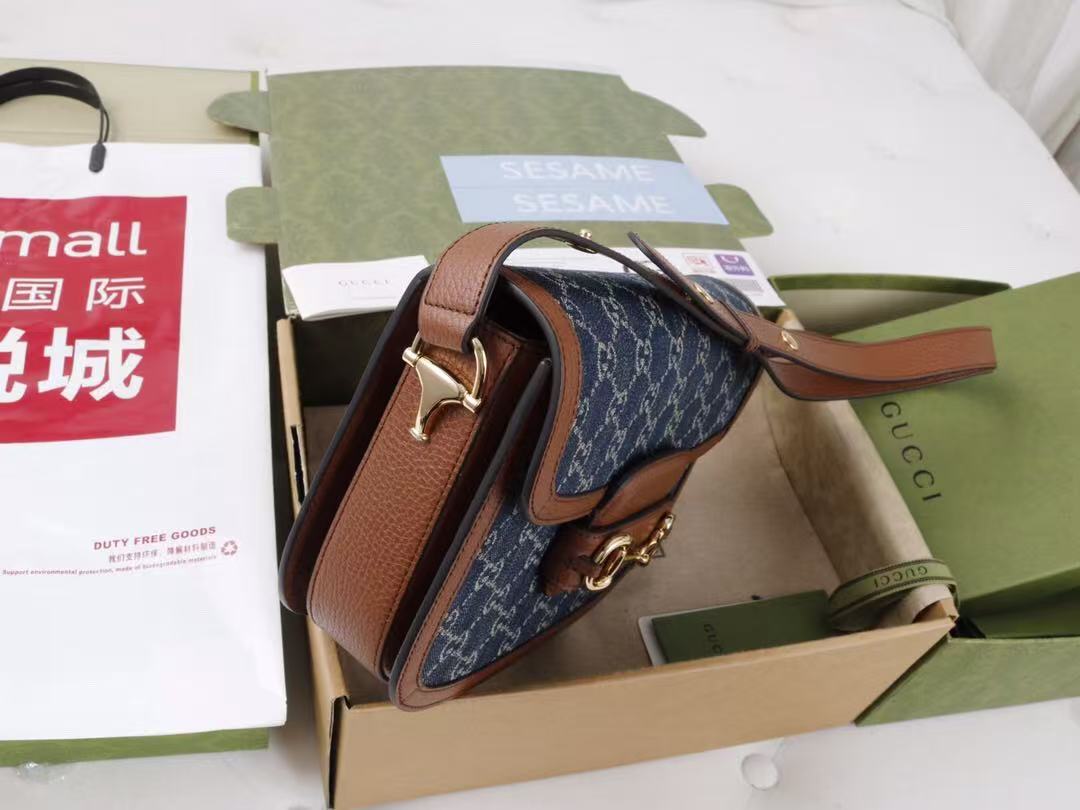 Gucci Horsebit Bag 25cm Blue mix Brown Leather Canvas