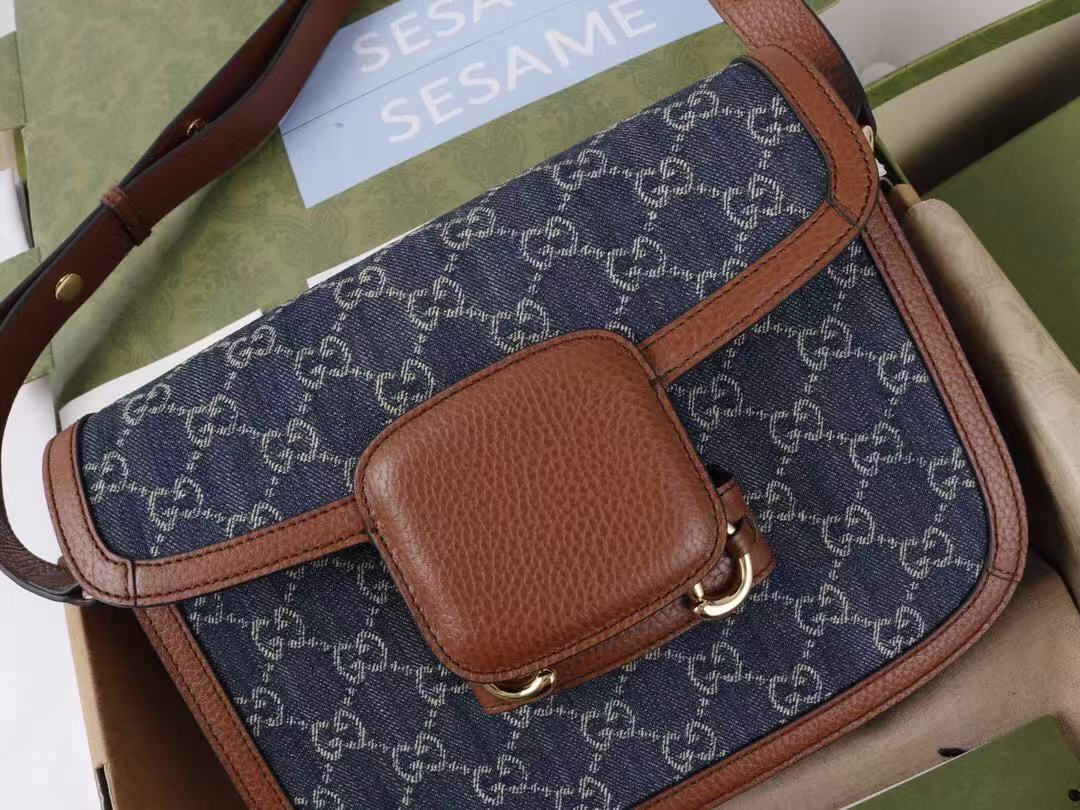 Gucci Horsebit Bag 25cm Blue mix Brown Leather Canvas