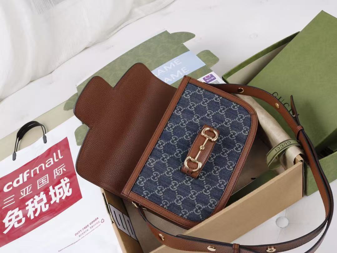 Gucci Horsebit Bag 25cm Blue mix Brown Leather Canvas