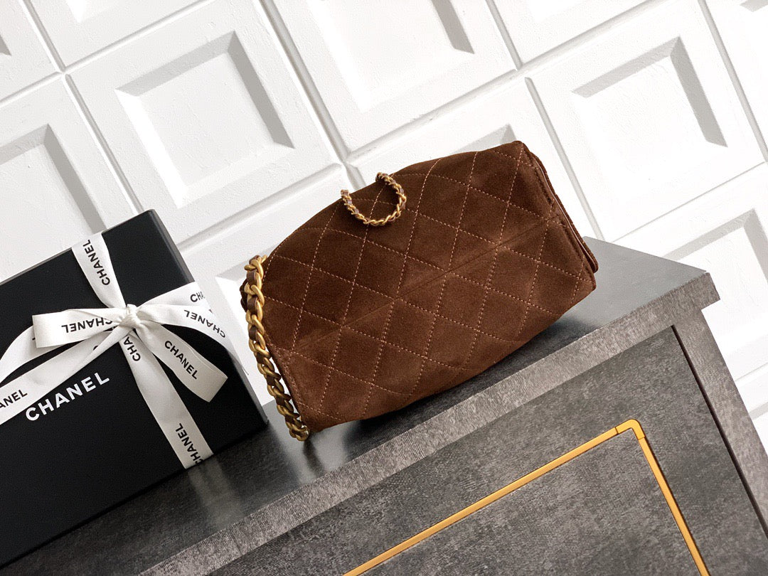 CHANEL 25S HOBO BAG 22 CM IN DARK BROWN SUEDE WITH GOLD HARDWARE