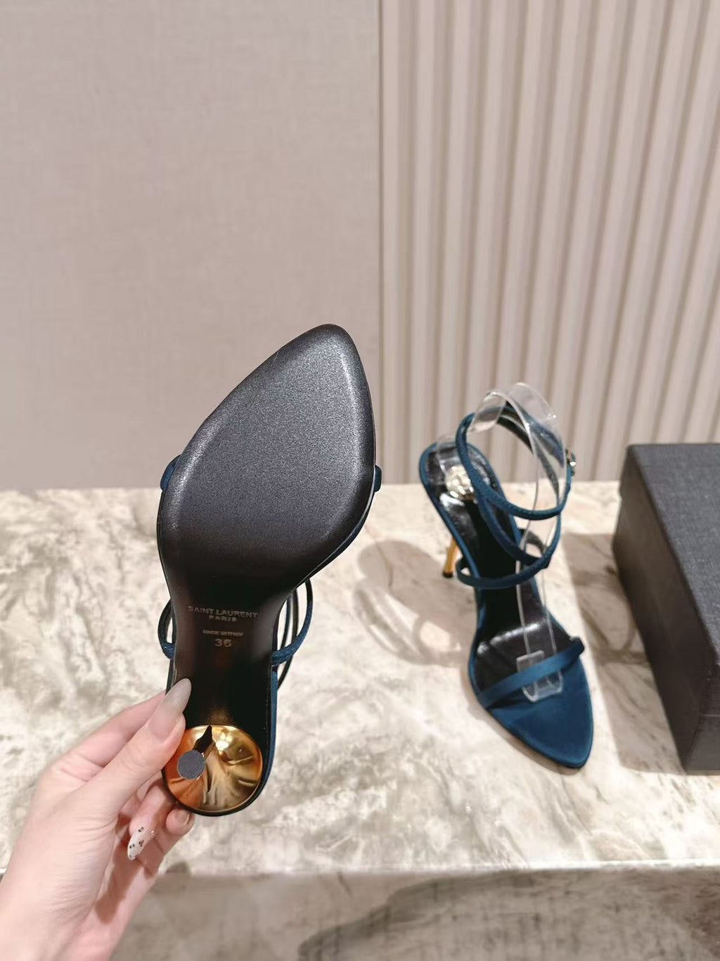 YSL High-Heeled Sandals 100cm With Strap Teal Leather
