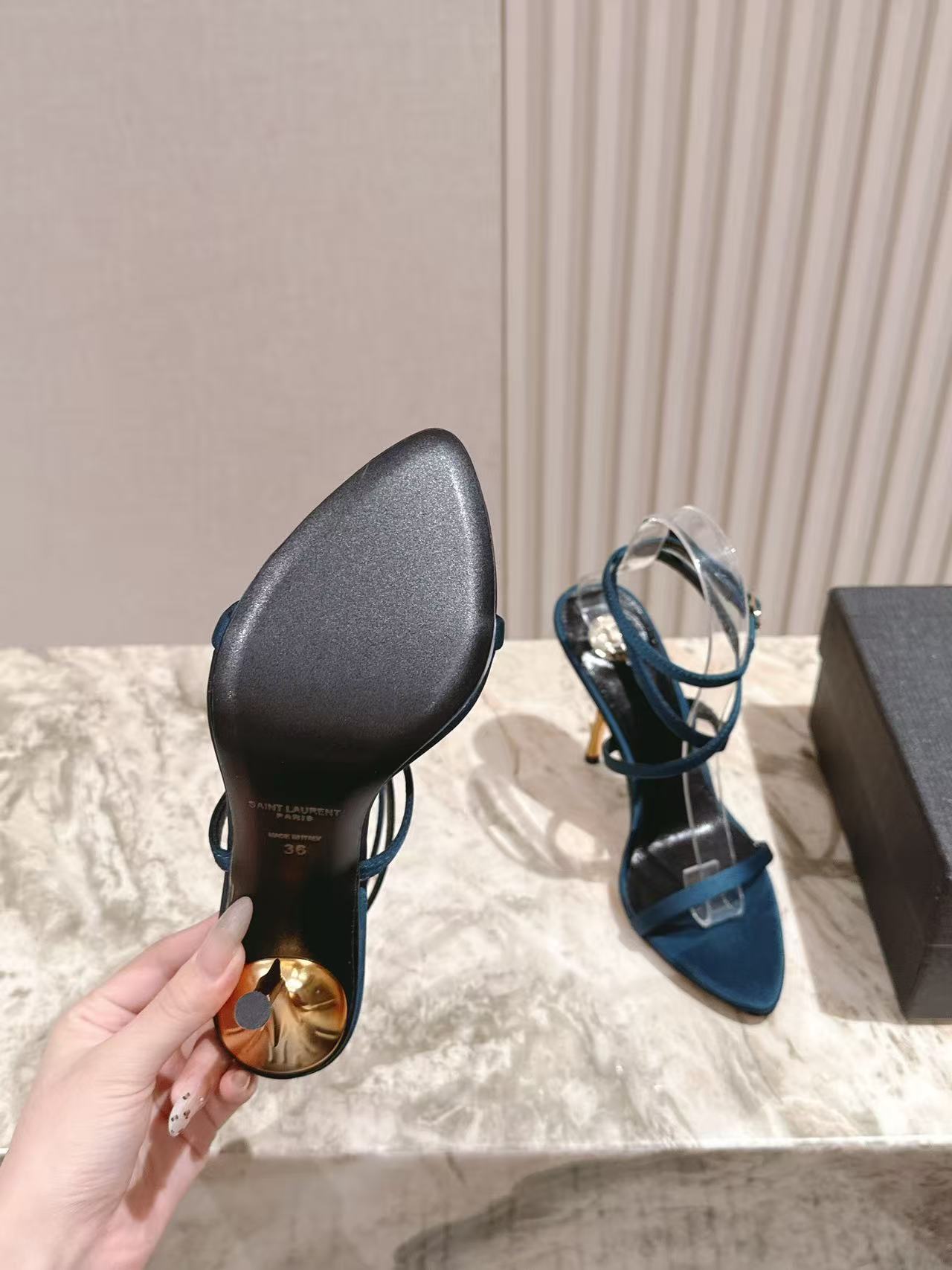 YSL High-Heeled Sandals 100cm With Strap Teal Leather
