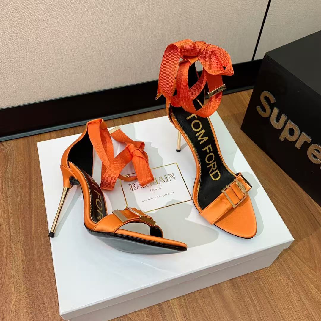 Tom Ford Sandal With Ribbon 105mm Orange In Silk And Sheepskin