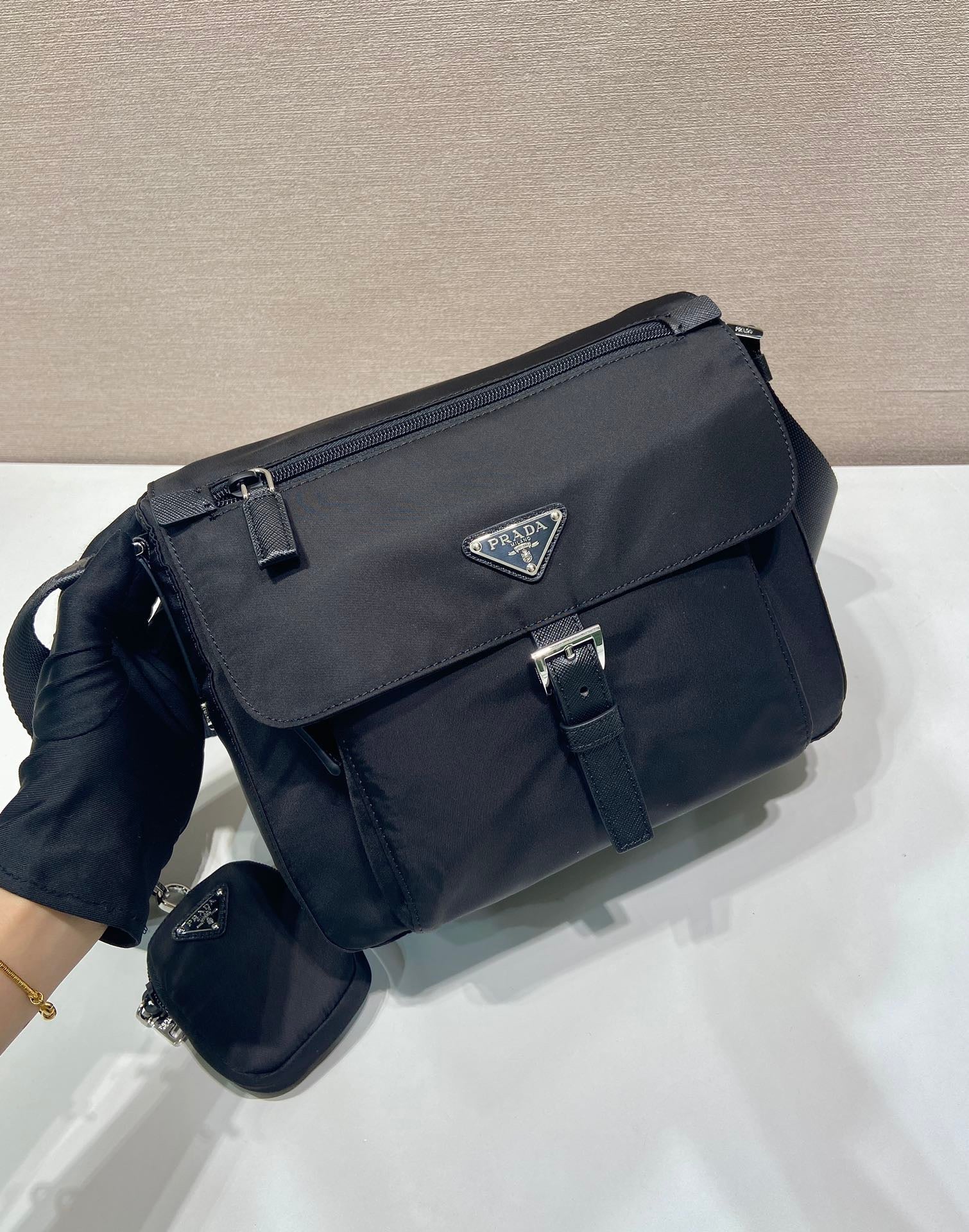 Prada Shoulder Bag 25cm Black Re-Nylon& Saffiano Leather