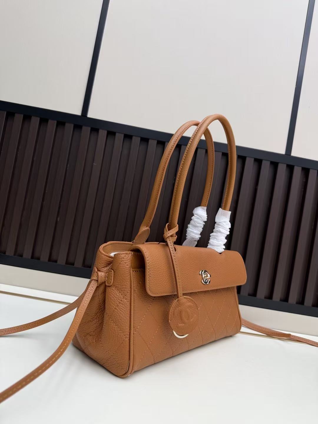 Chanel Flap Bag Top Handle 30cm Brown Cowhide Leather