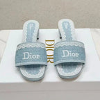 Dior2026 Dentelle Heeled Slide 3.5cm Sky Blue Dior Oblique Embroidered Cotton and White Lace