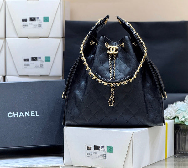 CHANEL 25S HOBO BAG 40 CM IN BLACK CALFSKIN WITH GOLD HARDWARE