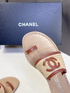 CC 2026 Open-Toe Shoes Beige Brown Sheepskin Raffia