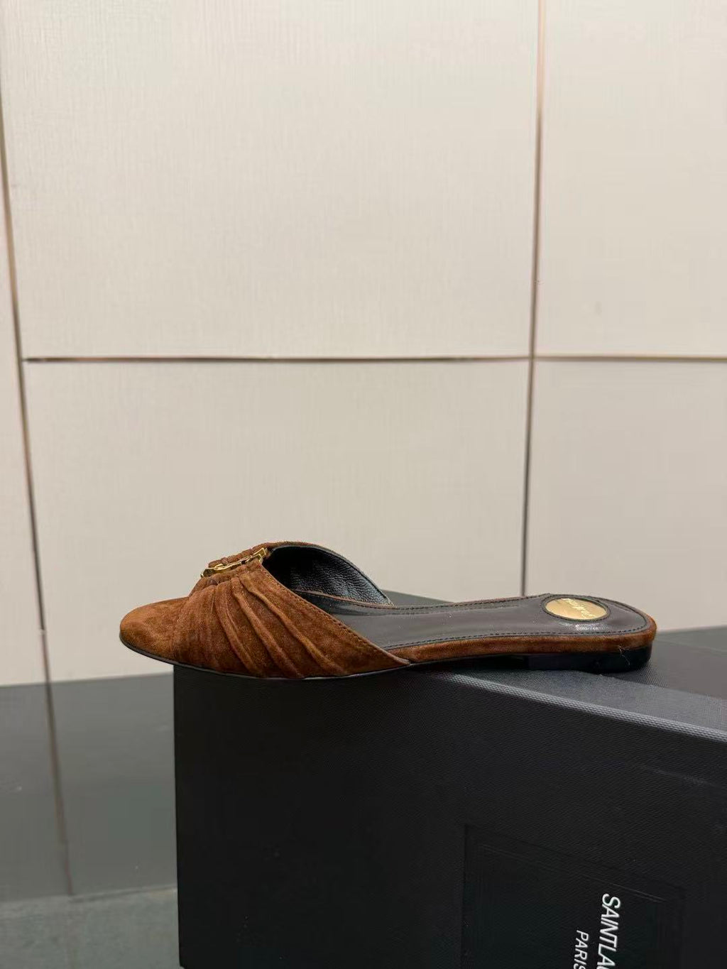 YSL Babylone Slides Coffee Brown Suede