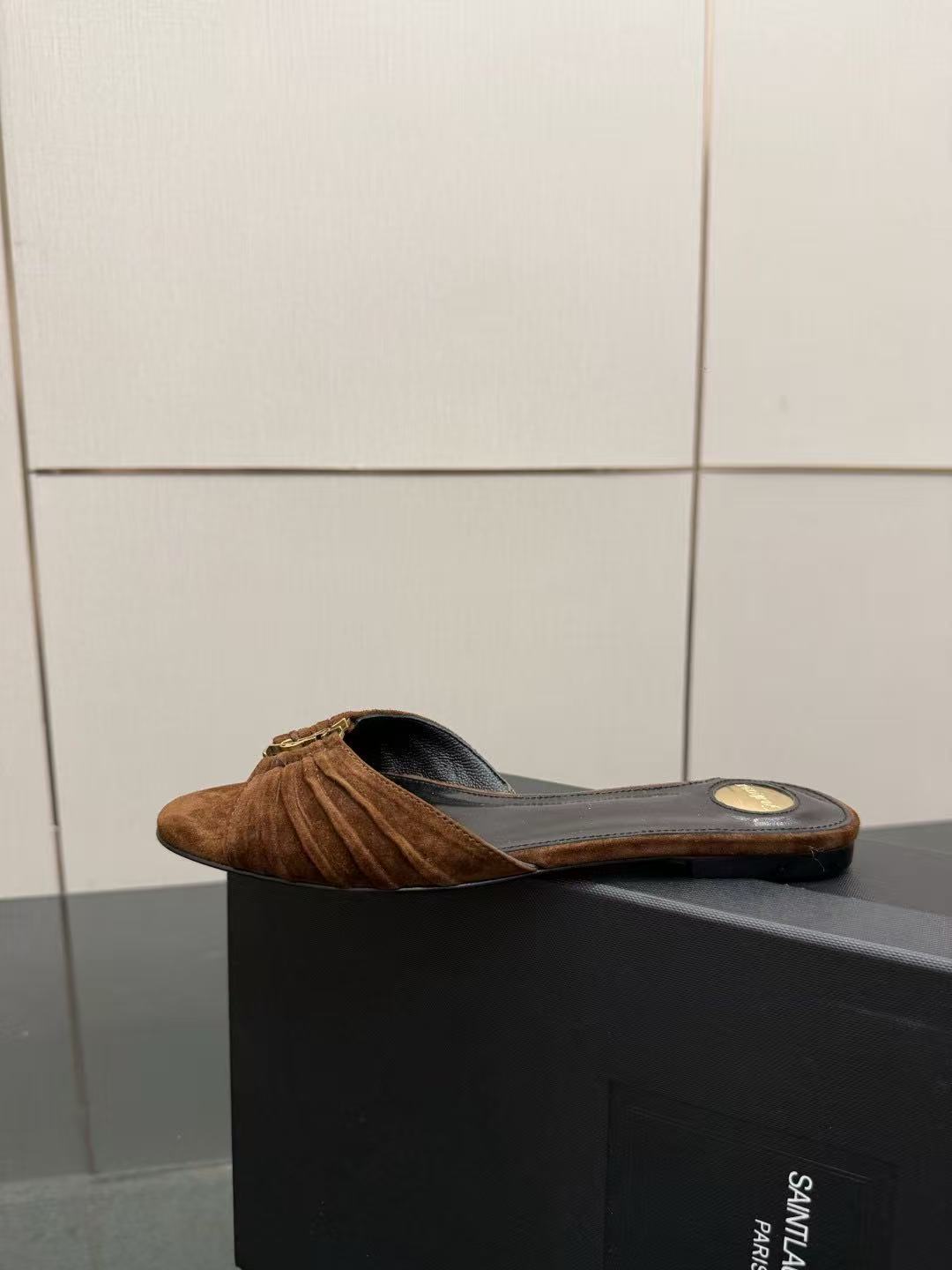 YSL Babylone Slides Coffee Brown Suede