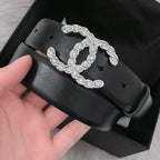 CC WOMEN'S BELT 3.0CM LEATHER BLACK BUCKLE SILVER DIAMOND