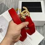 CC BELT 30MM BUCKLE GOLD DIAMOND LEATHER RED