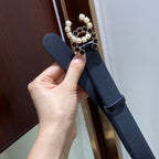 CC BELT 3.0CM LEATHER BLACK BUCKLE GOLD PEARL DIAMOND
