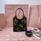 MIU IVY GABARDINE BAG 24CM IN OLIVE GREEN EMBROIDERED COTTON