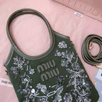 MIU IVY GABARDINE BAG 24CM IN OLIVE GREEN EMBROIDERED COTTON
