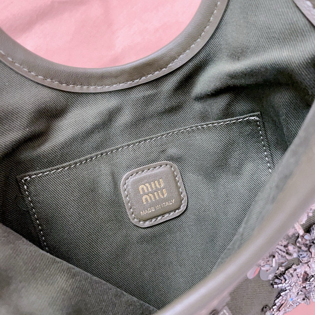 MIU IVY GABARDINE BAG 24CM IN OLIVE GREEN EMBROIDERED COTTON