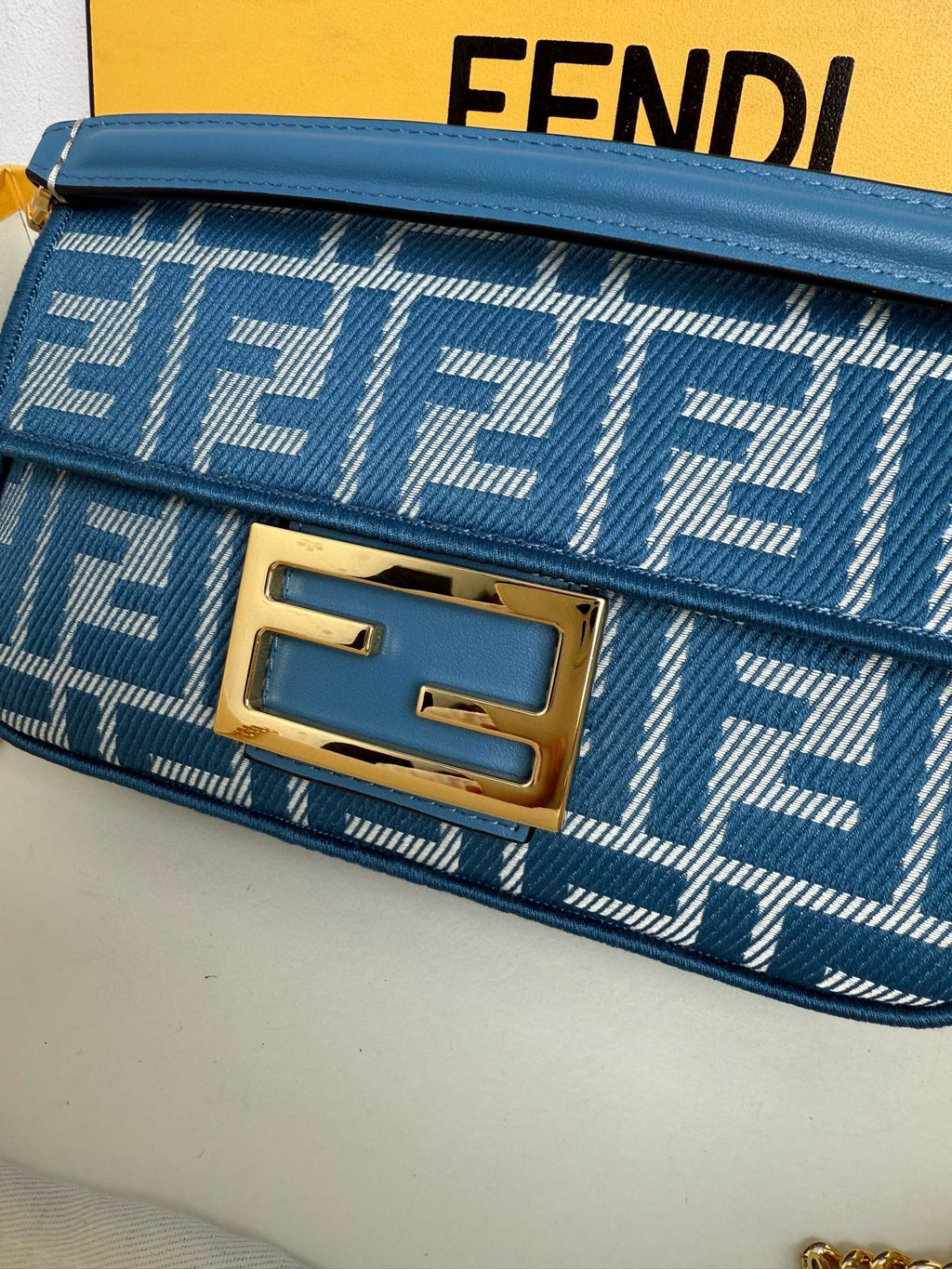 Fend Baguette 19cm Bag Gold Hardware in Blue Denim Leather with FF Motif Shw