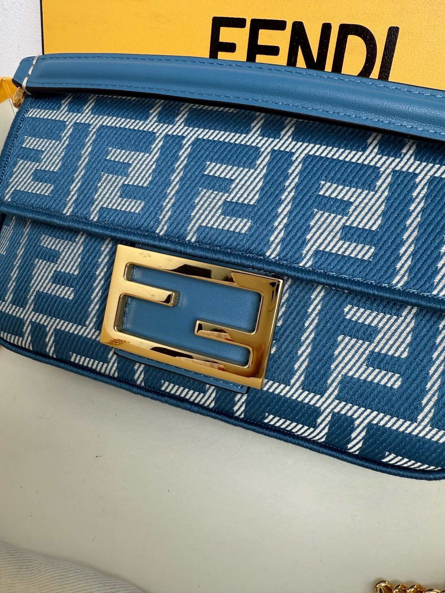 Fend Baguette 19cm Bag Gold Hardware in Blue Denim Leather with FF Motif Shw