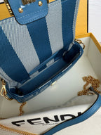 Fend Baguette 19cm Bag Gold Hardware in Blue Denim Leather with FF Motif Shw