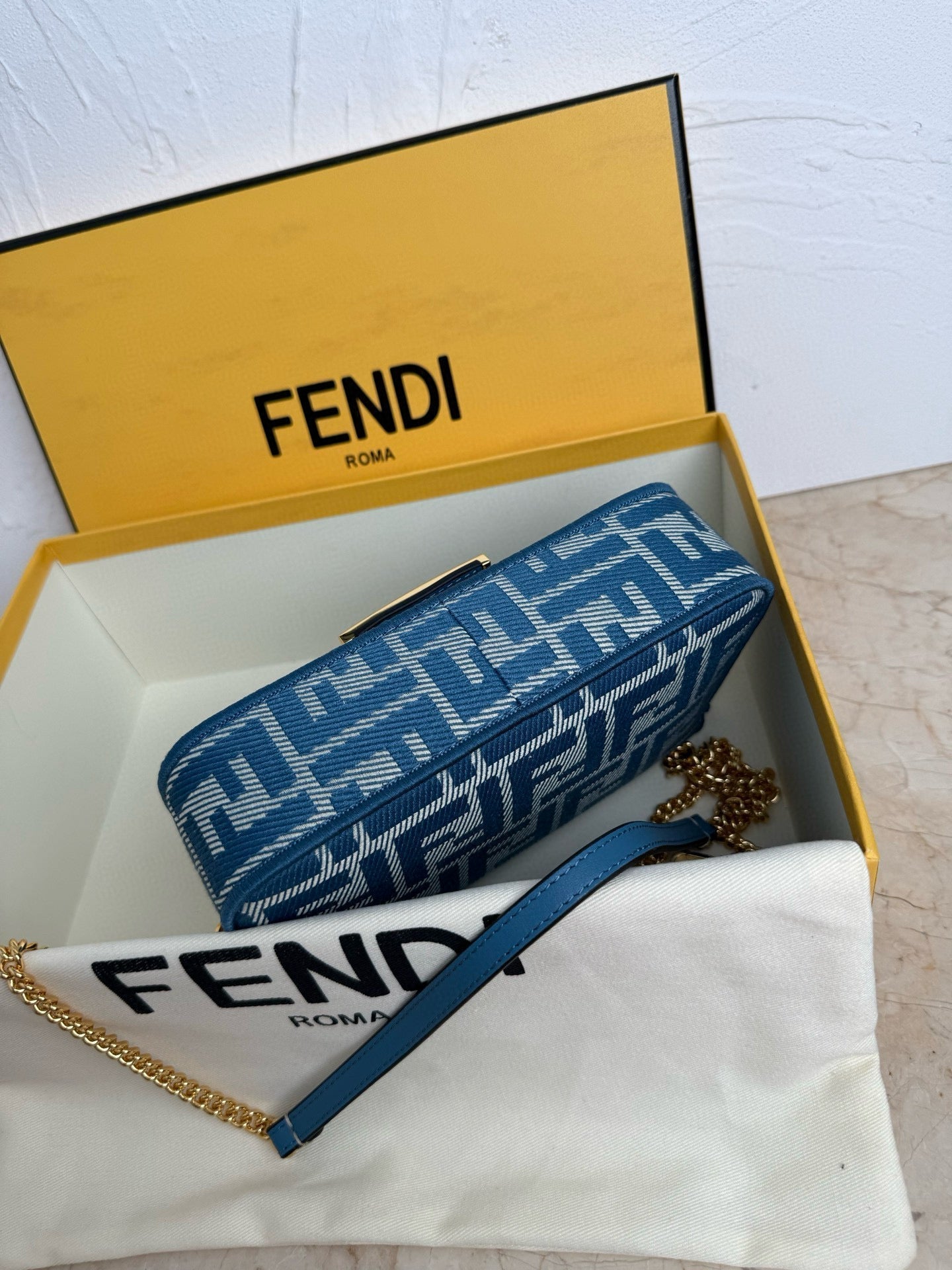 Fend Baguette 19cm Bag Gold Hardware in Blue Denim Leather with FF Motif Shw