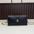 CC Large Flap Bag With Handles Black Goat Leather
