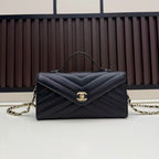 CC Large Flap Bag With Handles Black Goat Leather